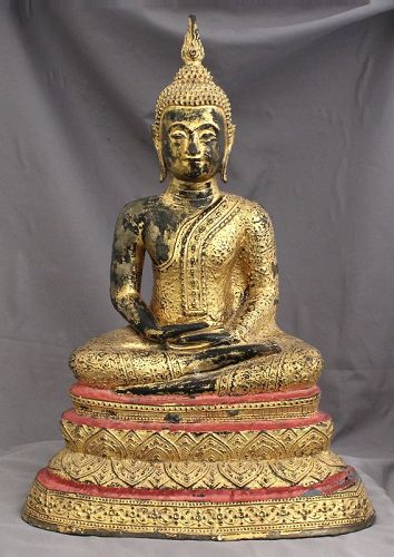 17" High Thai Rattanakosin Period Gilt Lacquer Bronze Sakyamuni Buddha