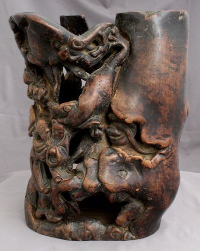 Large 11" High Qing Chinese Carved Naturalistic Wood Scroll Pot Monkey