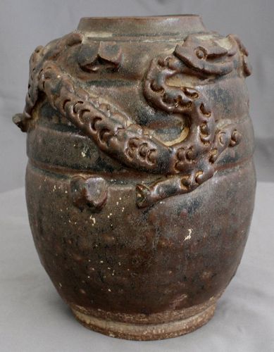 Chinese Song to Yuan Dynasty Brown Glazed Stoneware Ribbed Dragon Jar