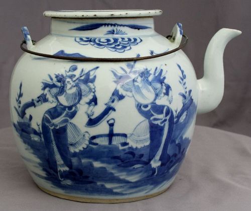Chinese Qing Guangxu Blue White Porcelain Lidded Teapot Three Kingdoms