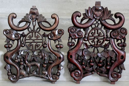 Two Chinese Qing Dynasty Carved Hardwood Panels Bat Deer Shou Gourd