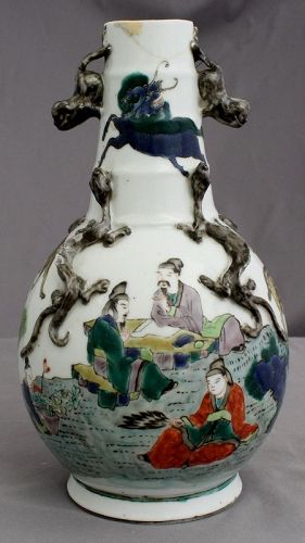 Chinese Qing Famille Verte Porcelain Vase Scholars Animals Qilong