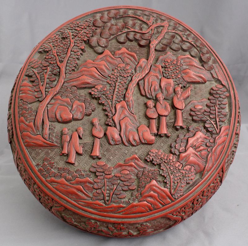 10" Diameter Chinese Qing Cinnabar Lacquer Circular Figural Box