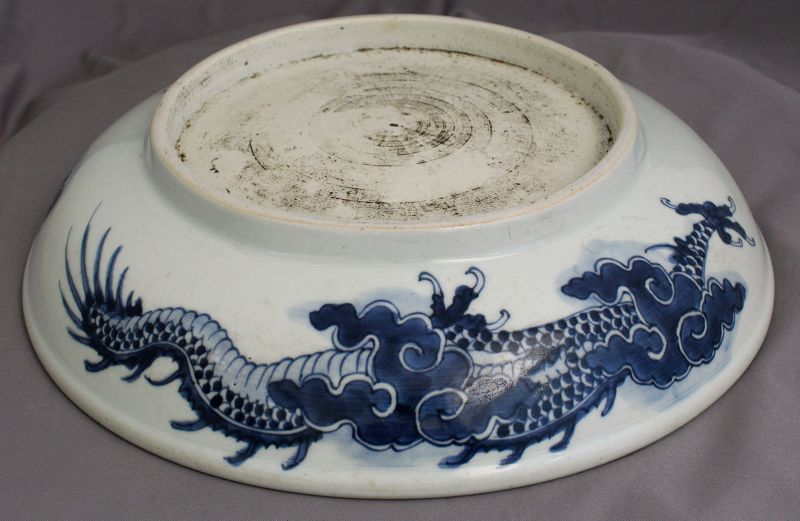 Chinese Qing Yongzheng to Qianlong Blue White Dragon Over Wall Dish