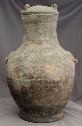 Chinese Han Dynasty Lidded Pottery Hu-form Jar Animals Taotie Handles