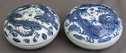 Pair Qing Scholar's Porcelain Seal Paste Boxes Qianlong Mark Dragons