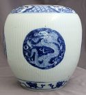 Chinese Qing Kangxi Blue & White Porcelain Dragon Phoenix Ribbed Jar