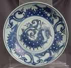 Chinese Qing Qianlong Blue & White Porcelain Deep Dish Qilong Dragon
