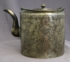 Large Chinese Late Qing Dynasty Pewter Lidded Teapot Calligraphy Bird