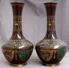 Pair 9.5" High Japanese Meiji Taisho Cloisonne Vases Phoenix Dragon