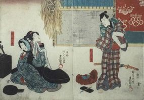 Japanese Edo Woodblock Print Diptych Kunisada Kabuki Actor Samurai