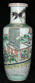18" Chinese Qing Famille Verte Rouleau Vase Romance of Three Kingdoms