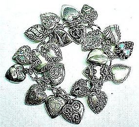 1940s Sterling Silver Puffed Heart Charm Bracelet - 21 Hearts