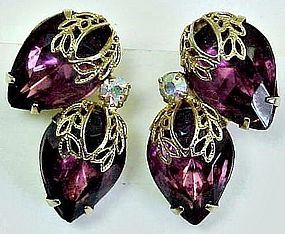 Amethyst Glass Clip Earrings with Gold Filigree Trim