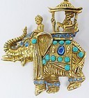 Hattie Carnegie Signed Jeweled Elephant and Howdah Brooch