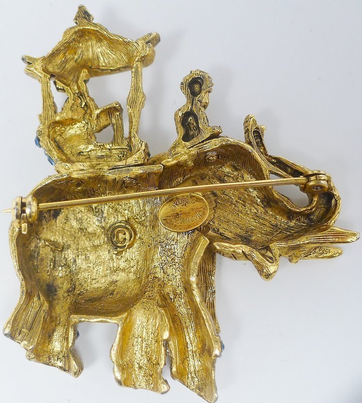 Hattie Carnegie Signed Jeweled Elephant and Howdah Brooch