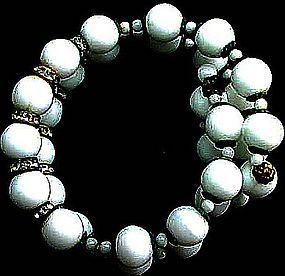 White Bead Memory Wire Bracelet with Rhinestones