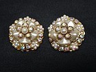 Large Sparkling Clip Earrings, AB Rhinestone and Pearl