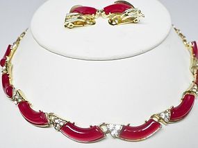 Red and Gold Thermoset Necklace and Earrings