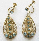 Vintage Delicate Gold and Aqua Rhinestone Teardrop Earrings