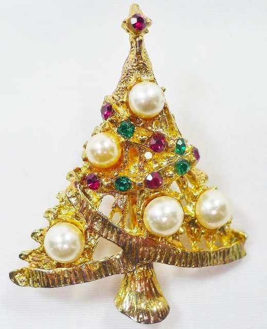 Pretty Pearl and Rhinestone Christmas Tree Brooch