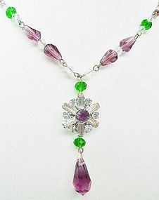 Art Deco Rhinestone Necklace - Suffragette Colors