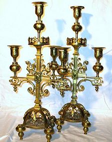 Brass Renaissance Revival Three Arm Candelabra; Pair