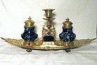English Victorian Inkstand; Two Wells and Candleholder