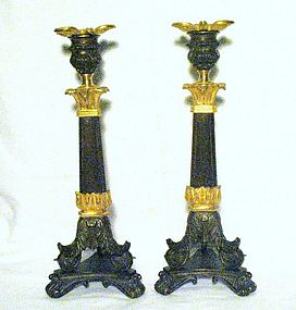 Louis Philippe Patinated & Gilt Bronze Candlesticks