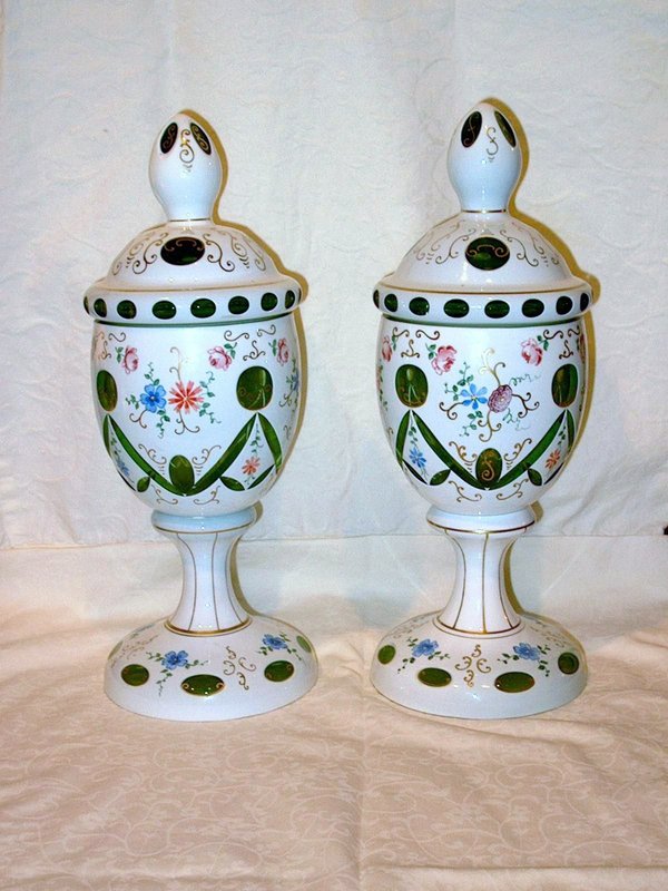 Large Cased and Cut to Emerald Green Covered Urns