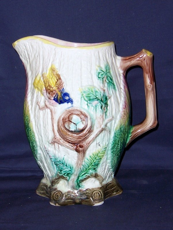 American Majolica Pitcher; Robins and Eggs