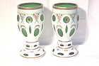 Bohemian Cut to Clear Pair of Emerald Green Vases