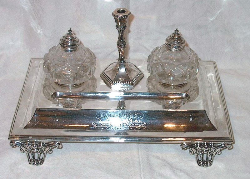 Large English Victorian Sterling Silver Inkstand
