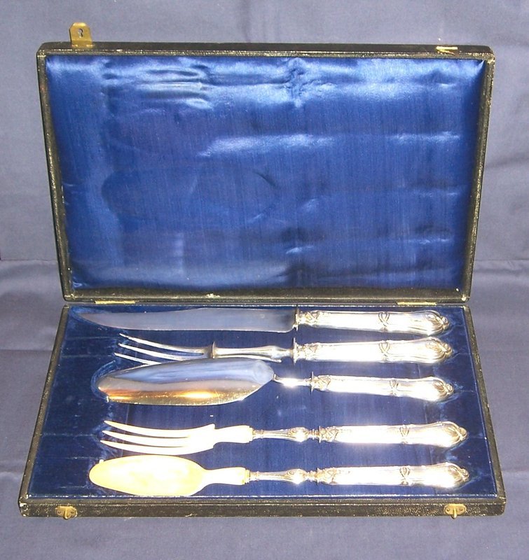 French Silver and Ivory Serving Set; 5 Pieces, Boxed