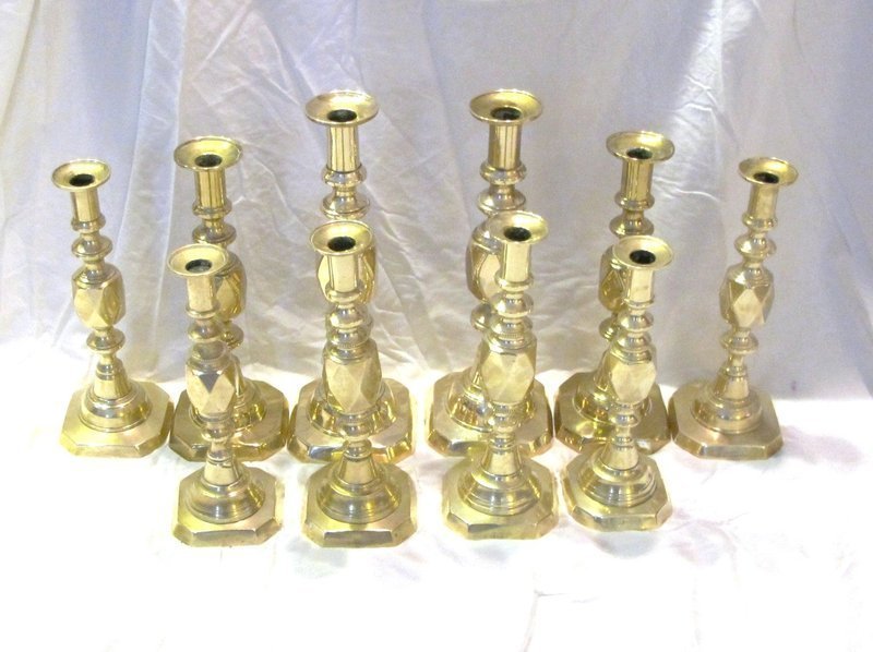 Complete Set Victorian Diamond Brass Candlesticks
