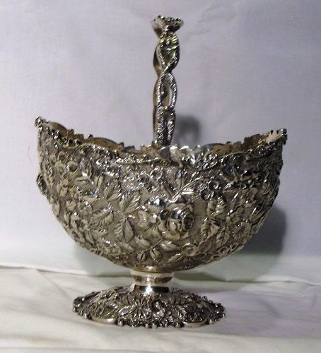 Kirk Repousse Sterling  Silver Sugar Basket with Swing Handle