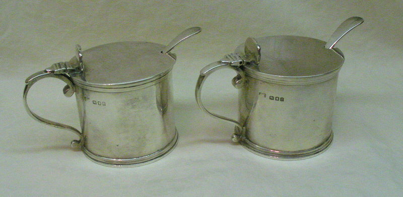 Matched Pair English Sterling Mustard Pots and Spoons