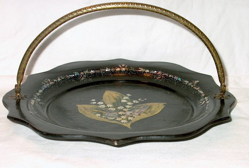 Victorian Inlaid Lacquer Basket Brass Handle