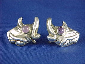 HUBERT HARMON Amethyst & Silver Fish Earrings