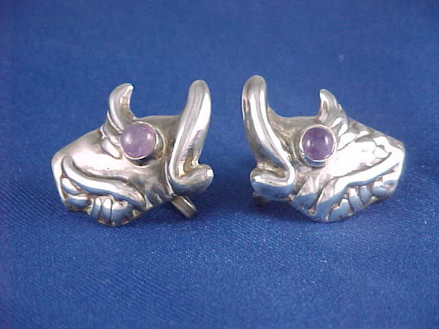HUBERT HARMON Amethyst &amp; Silver Fish Earrings