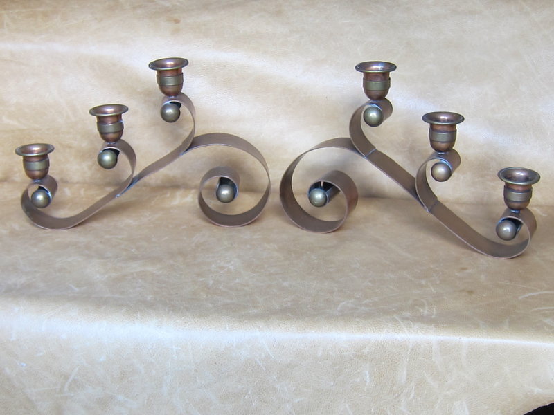 Pair HECTOR AGUILAR Brass &amp; Copper Scroll Candle Sticks