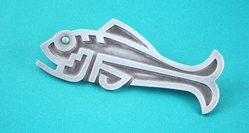 1930 Fred Davis Silver &amp; Turquoise Fish Pin or Brooch