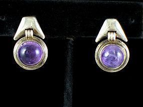 FRED DAVIS AMETHYST & SILVER DROP EARRINGS