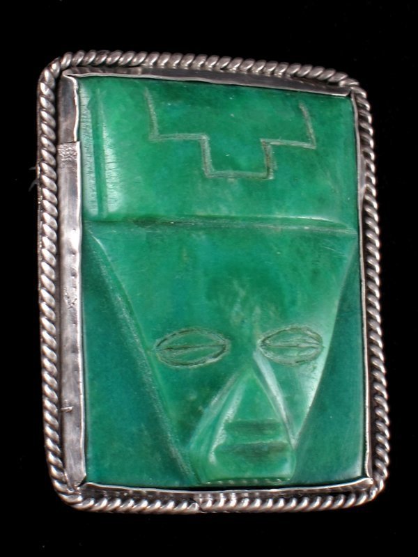 FRED DAVIS SILVER &amp; CARVED GREEN ONYX PIN C. 1920-30'S