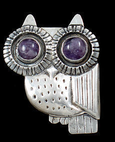 WILLIAM SPRATLING VINTAGE 1940'S AMETHYST & SILVER OWL PIN