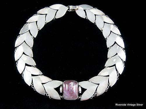 FRED DAVIS AMETHYST & SILVER ART DECO CHEVRON NECKLACE