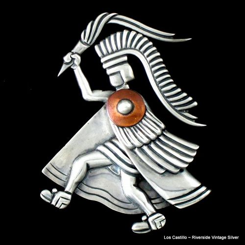 Los Castillo Aztec Torch Bearer Warrior Pin ~ Sterling Silver & Copper
