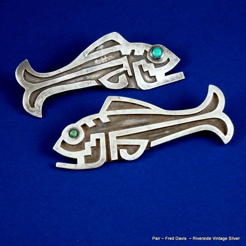 Pair Fred Davis Pins Turquoise & Sterling Silver