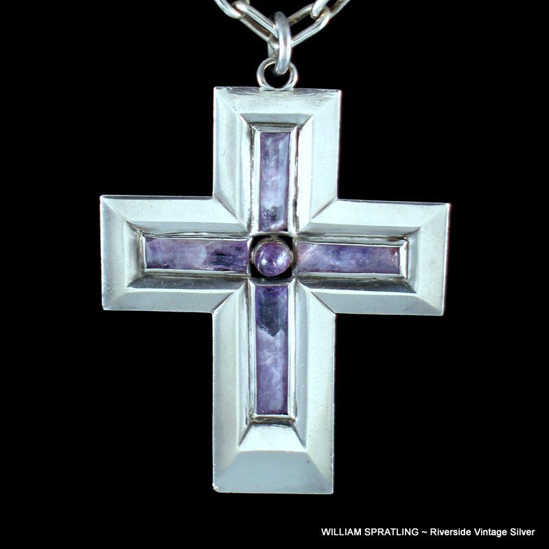 William Spratling Amethyst & Sterling Silver Cross Necklace