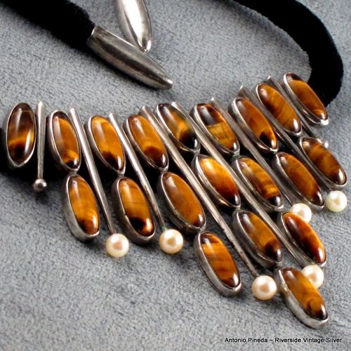 Antonio Pineda Necklace Tigers Eye, Pearl, 970 Silver c. 1950's